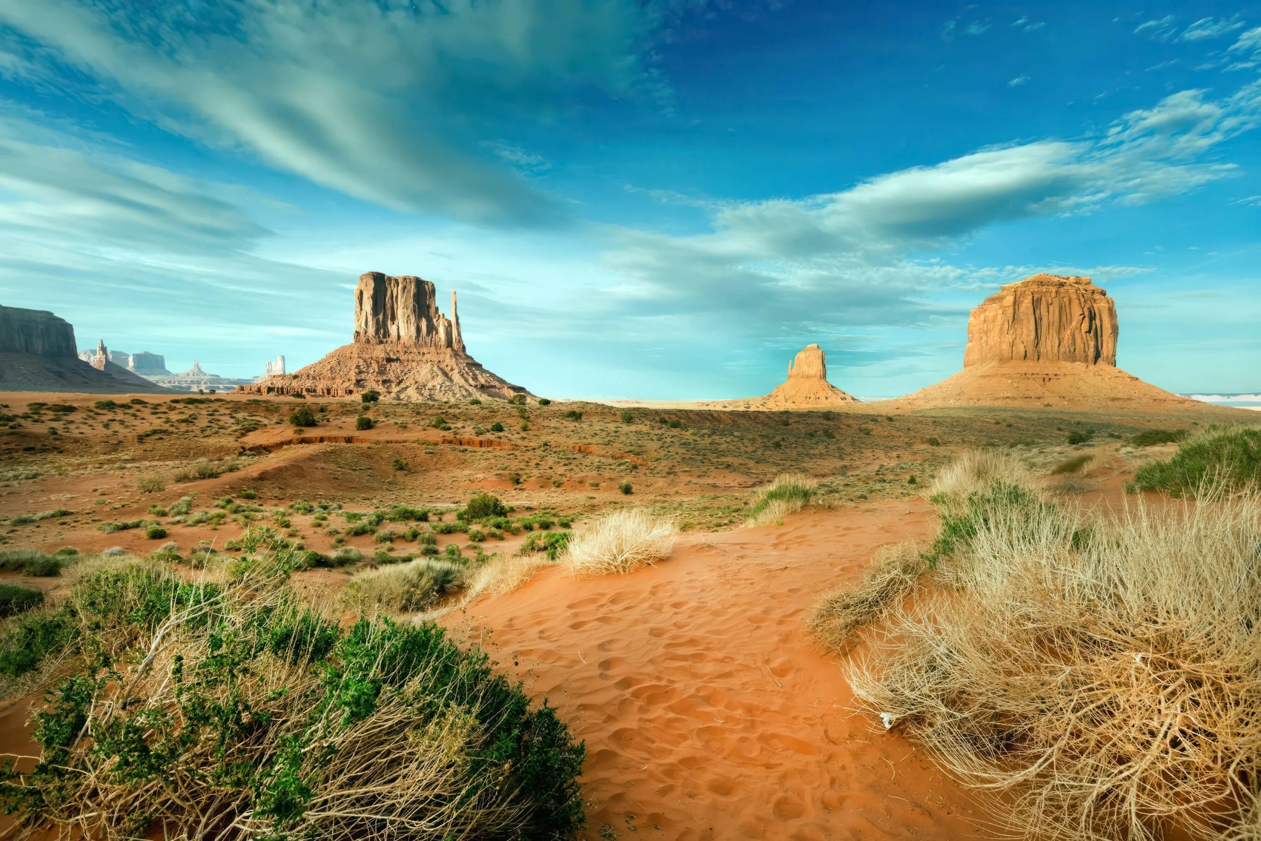 Vivid Monument Valley, a Navajo Tribal Park which straddles Arizona and Utah